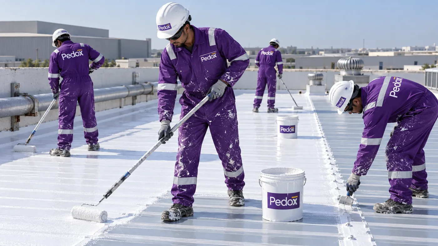 Illustrative PEDOX brand image: crew in PEDOX coveralls applying a white liquid waterproof coating to a metal roof
